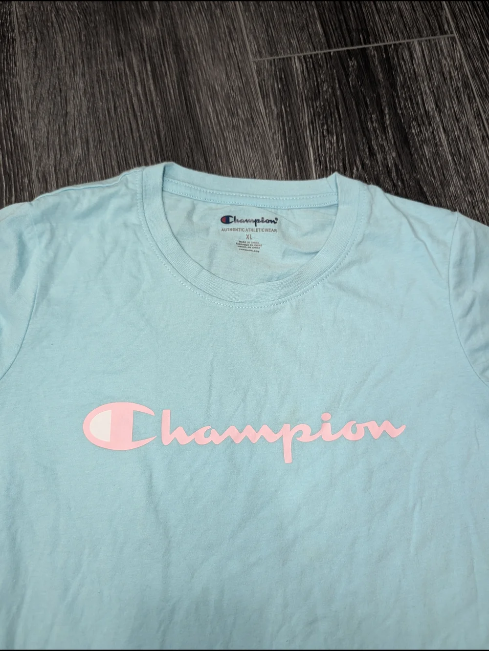 Champion Women's Light Blue Logo Tee with Pink Script